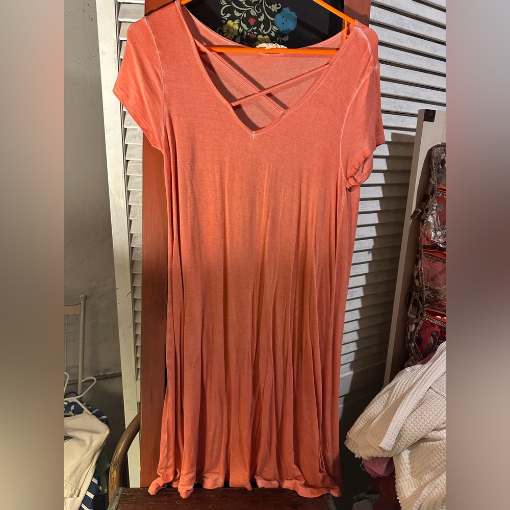 Coral Short Sleeve Dress with Crisscross Neckline